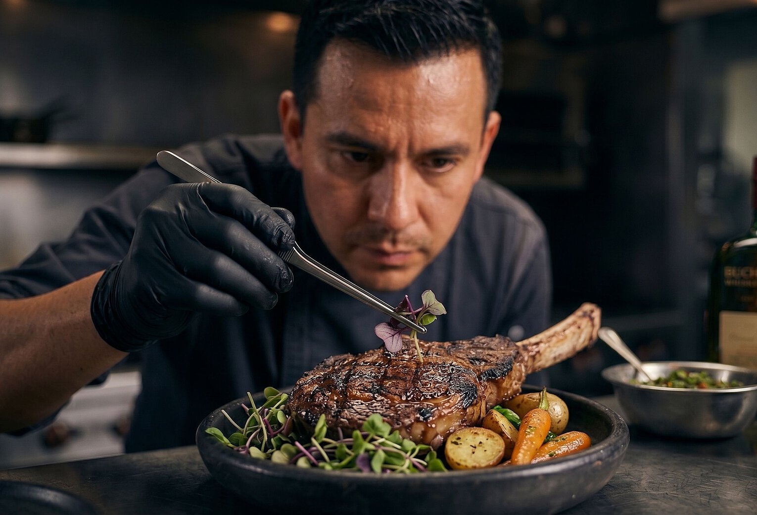 Koch dekoriert mit einer Pinzette sorgfältig ein großes Steak mit frischen Kräutern auf einem Teller mit gegrilltem Gemüse.